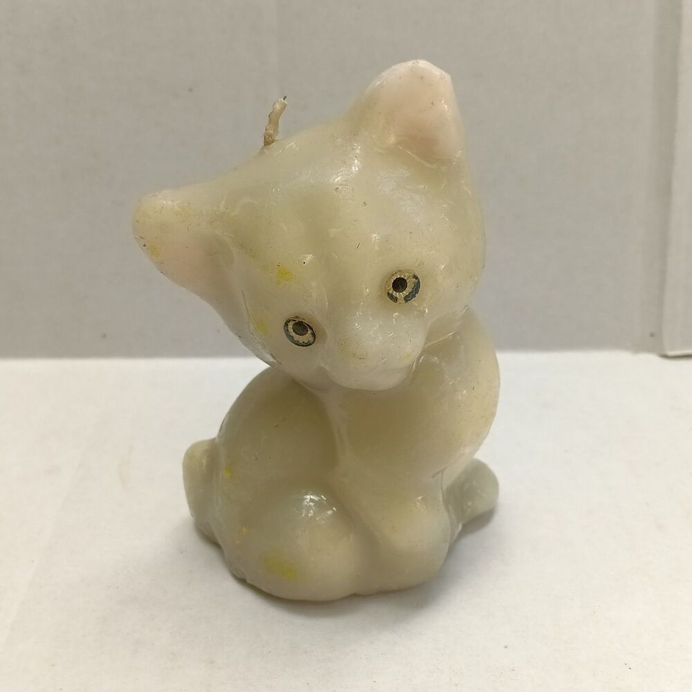 Vtg Figural Kitten Wax Candle-Yellow Eyes-White-Single Wick-Unburnt-Unscented-4"